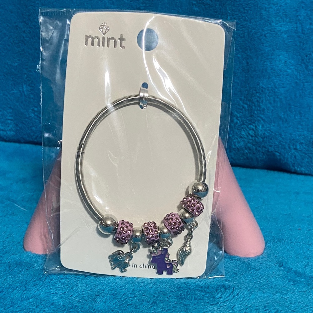 Mint Silver Bracelet with pink beads and  Purple Charms